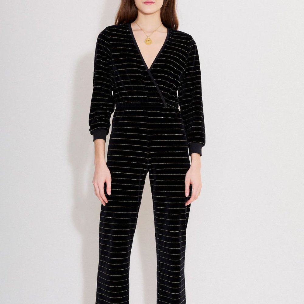 NWT Suzie Kondi Selvi V-Neck Jumpsuit in black velour with gold lurex stripes, L